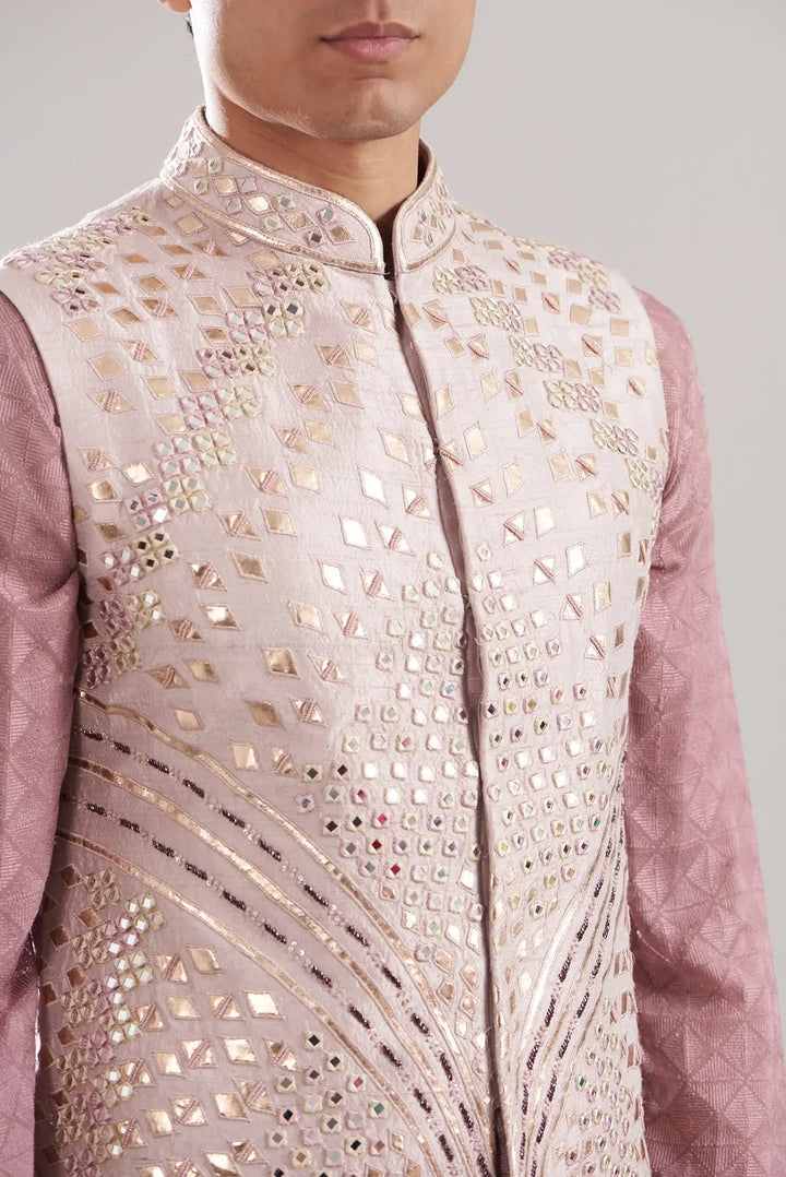 Pink Raw Silk Embroidered Bundi Set - Asuka Couture