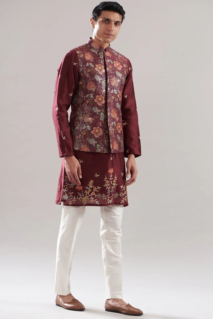 Maroon Cotton Silk Printed Bundi Set - Asuka Couture