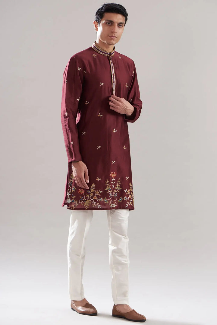 Maroon Cotton Silk Printed Bundi Set - Asuka Couture