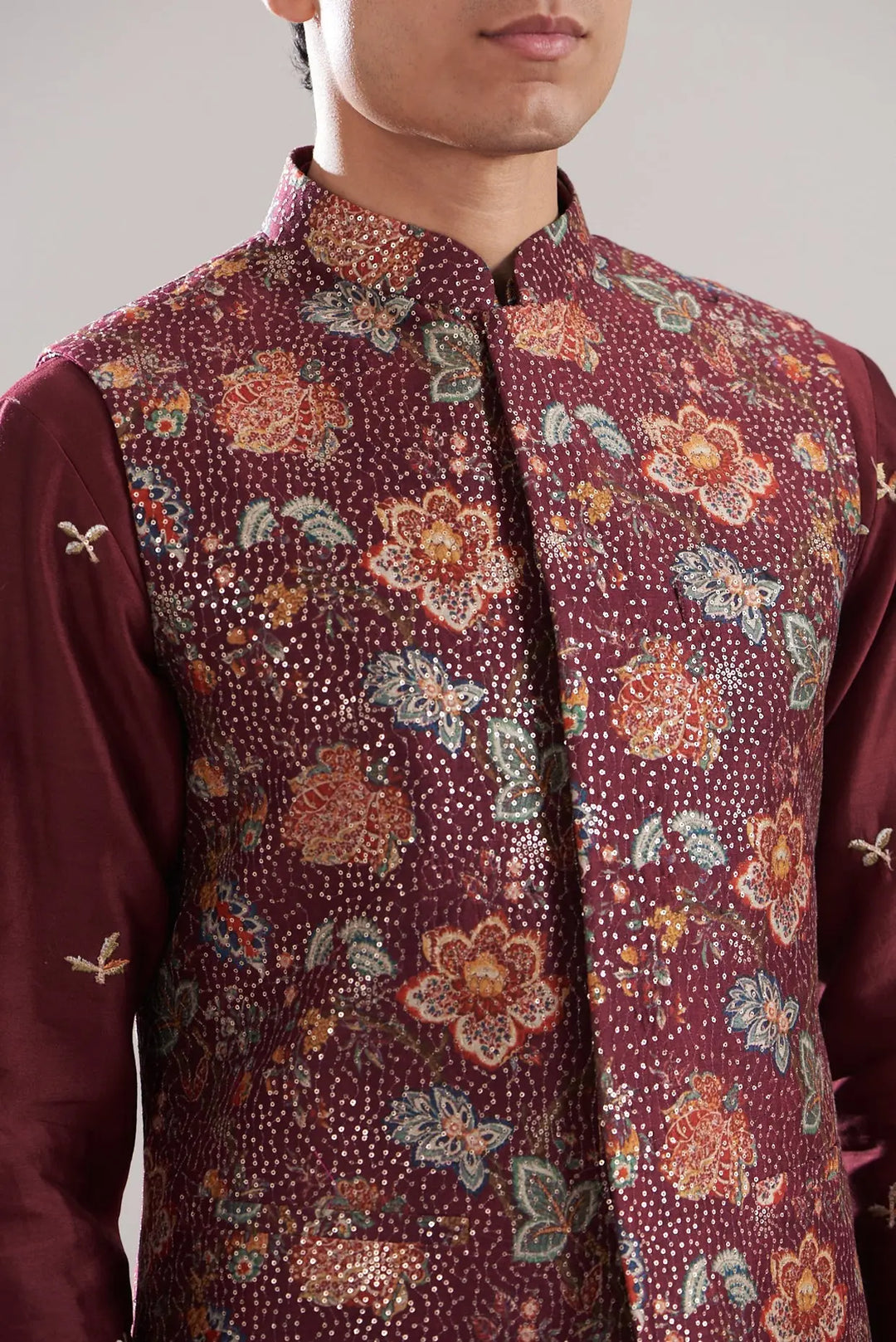 Maroon Cotton Silk Printed Bundi Set - Asuka Couture