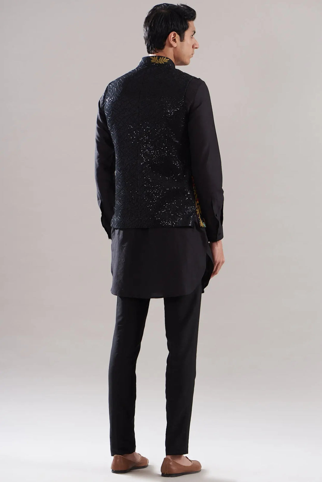 Black Cotton Silk Embroidered Bundi Set - Asuka Couture