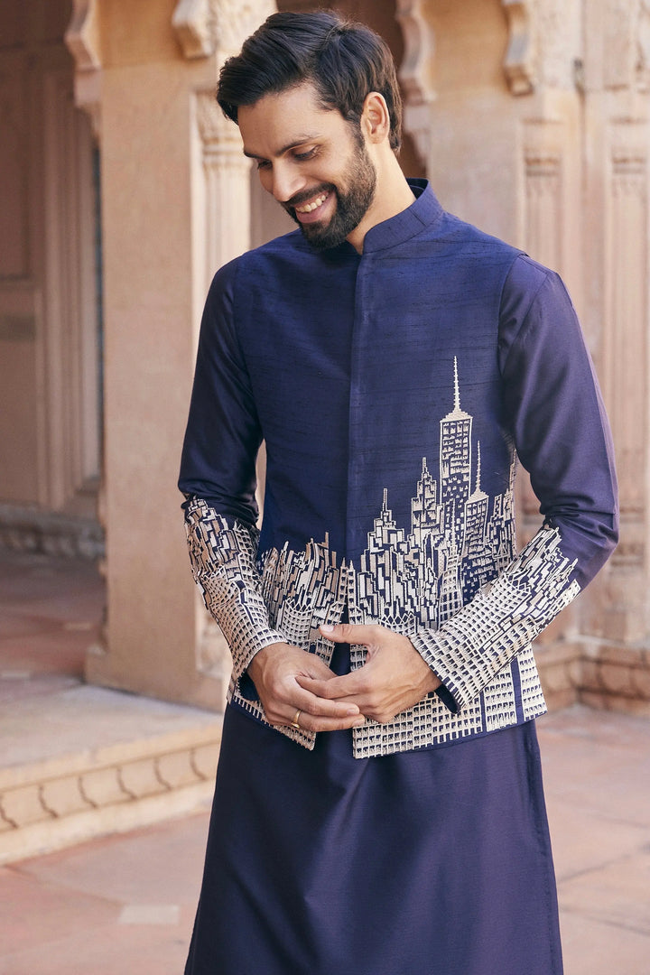 Affordable Navy Abstract Design Embroidered Bundi Set