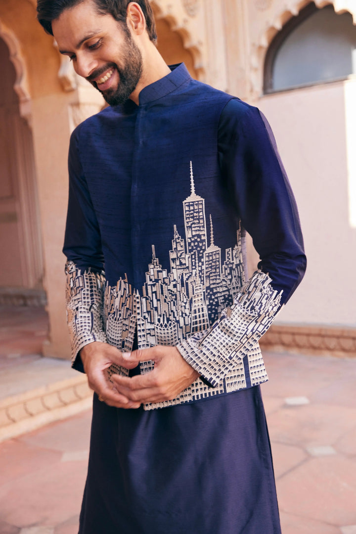 Navy Abstract Design Embroidered Bundi Set