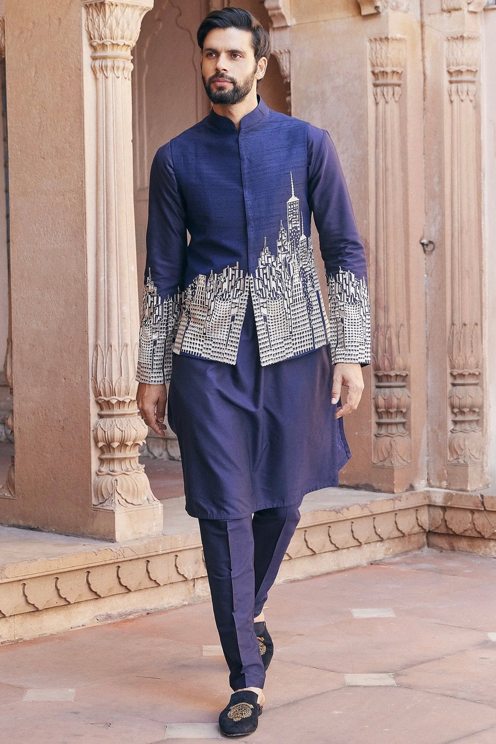 Navy Abstract Design Embroidered Bundi Set