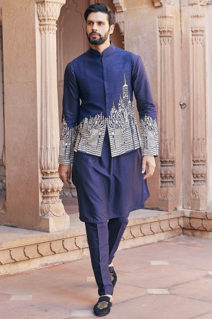 Navy Abstract Design Embroidered Bundi Set