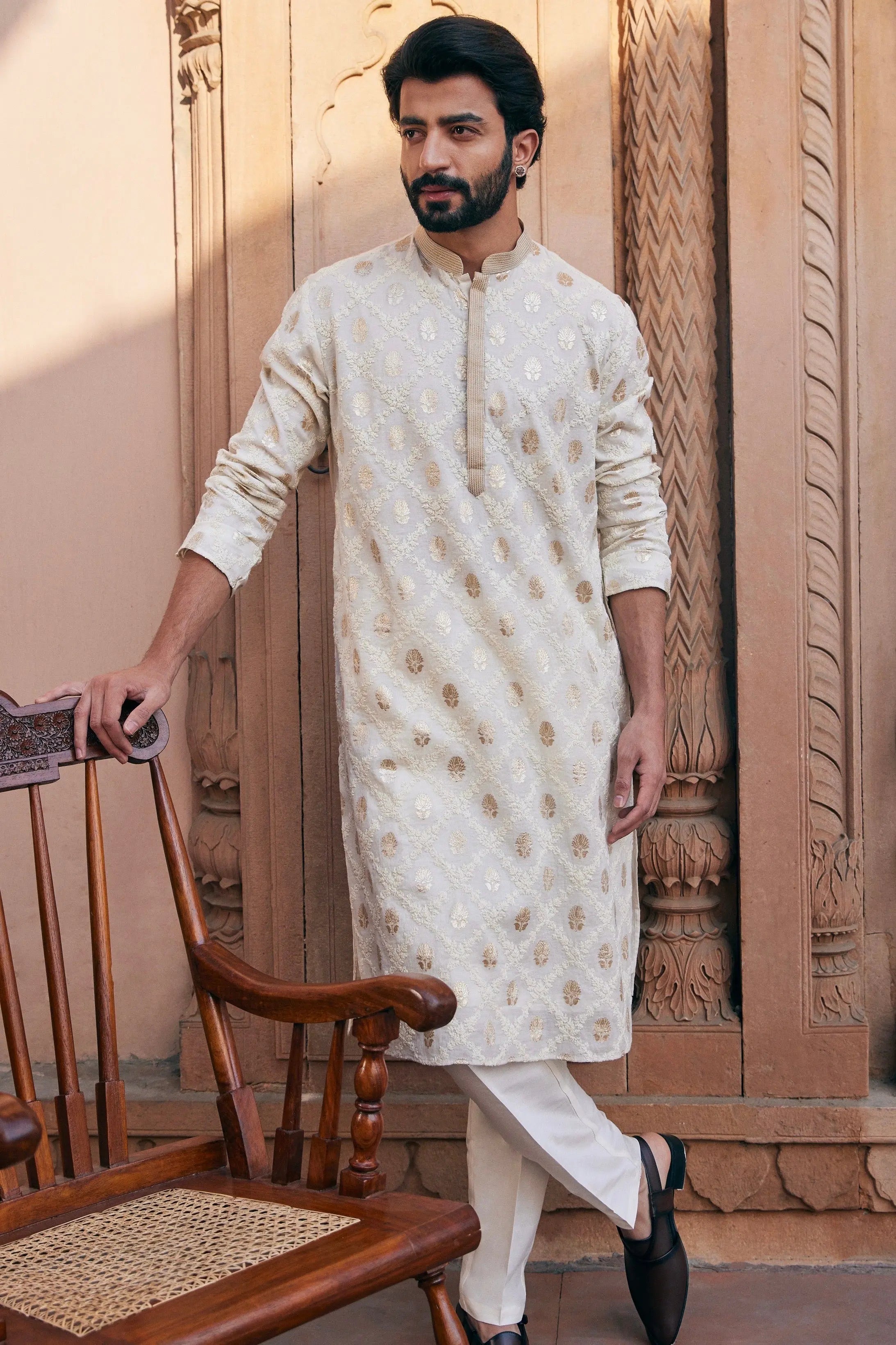 Aabharya Champagne Banarsi Kurta Set