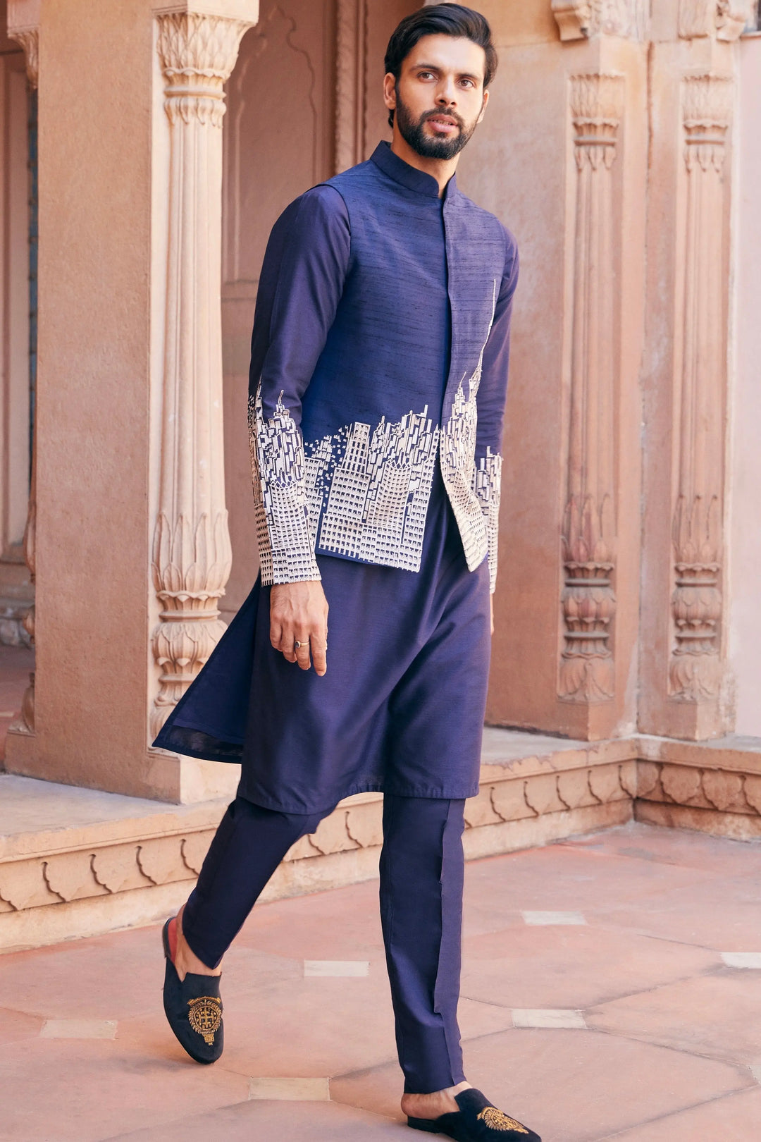 Shop Navy Abstract Design Embroidered Bundi Set