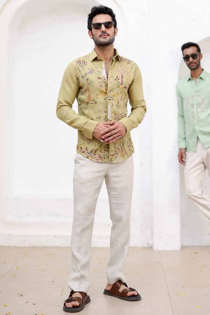 Olive Green Floral Embroidery Shirt - Asuka Couture