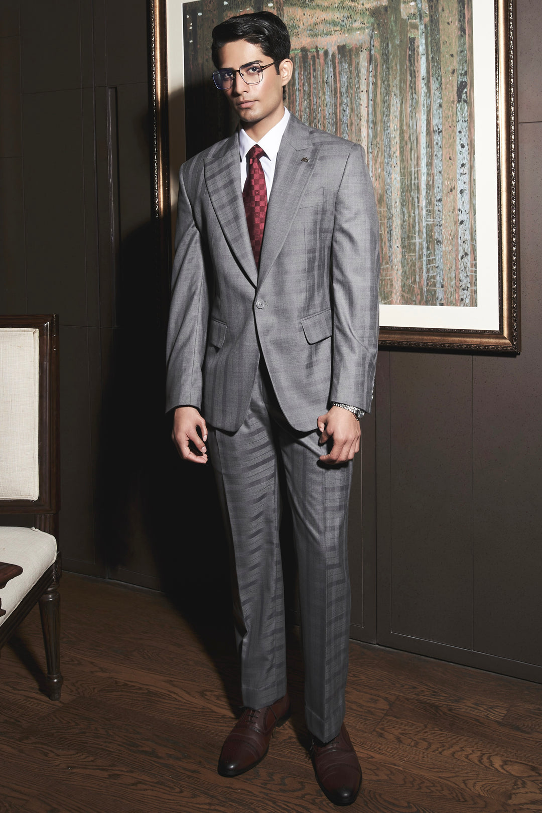 Steel Grey Self-Checkered Statement Suit