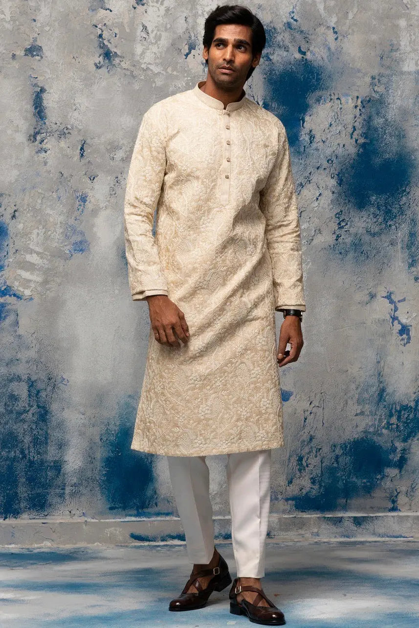Beige Dori Embroidery Kurta - Asuka Couture