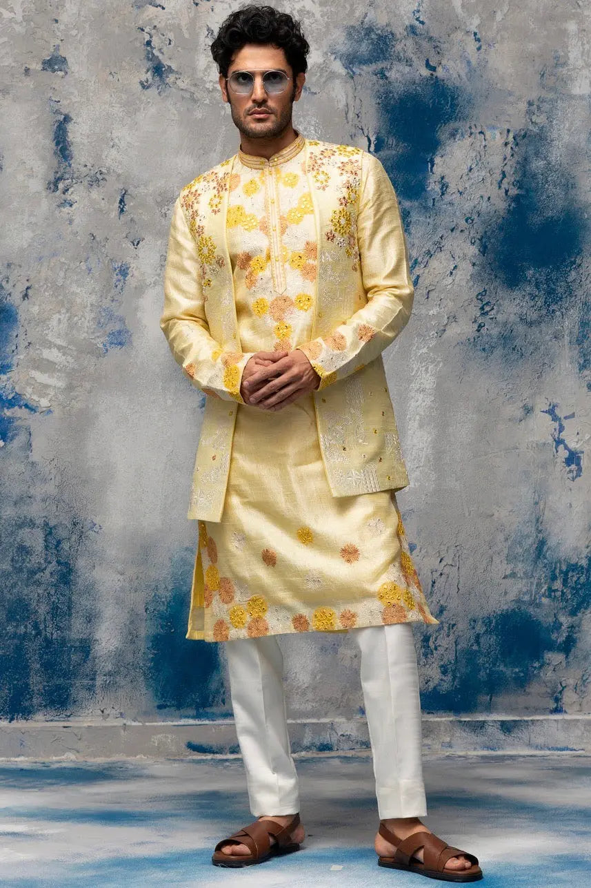 Yellow Resham Thread and Mirror Work Bundi Set - Asuka Couture