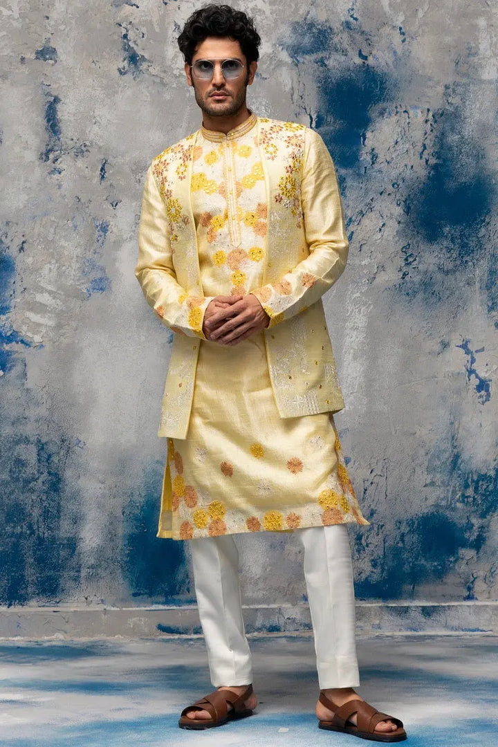 Yellow Resham Thread and Mirror Work Bundi Set - Asuka Couture
