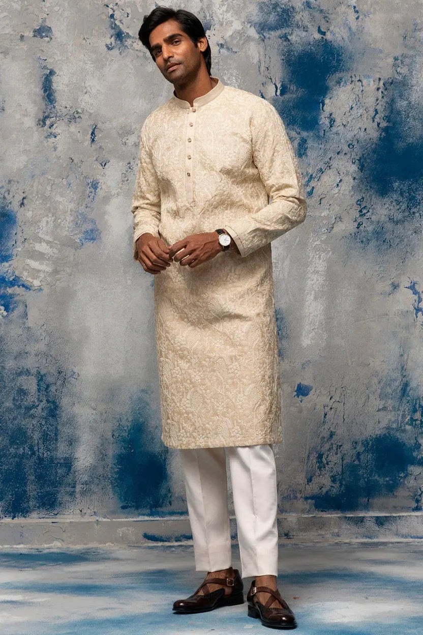 Beige Dori Embroidery Kurta - Asuka Couture