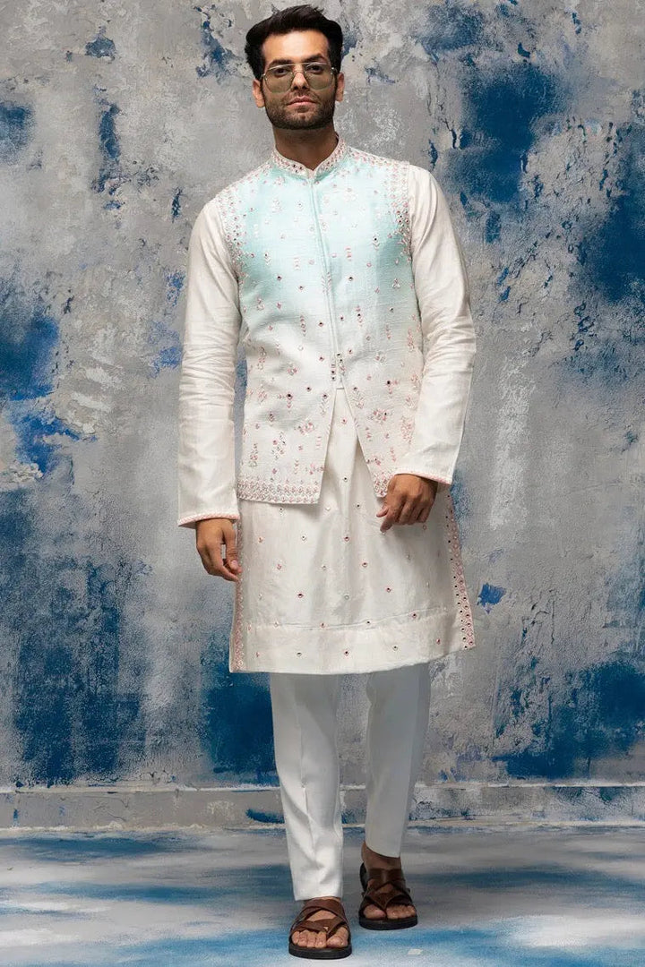White and Blue Ombre Placement Mirror Embroidery Bundi Set - Asuka Couture