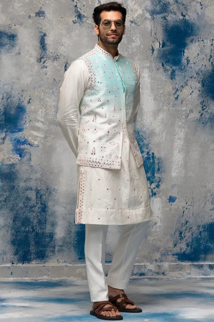 White and Blue Ombre Placement Mirror Embroidery Bundi Set - Asuka Couture