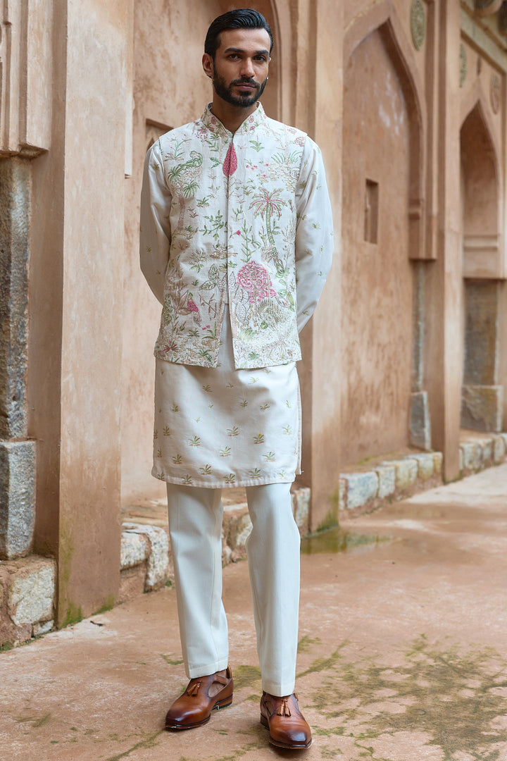 Blush Tropical Raw Silk Embroidered Bundi Kurta Set