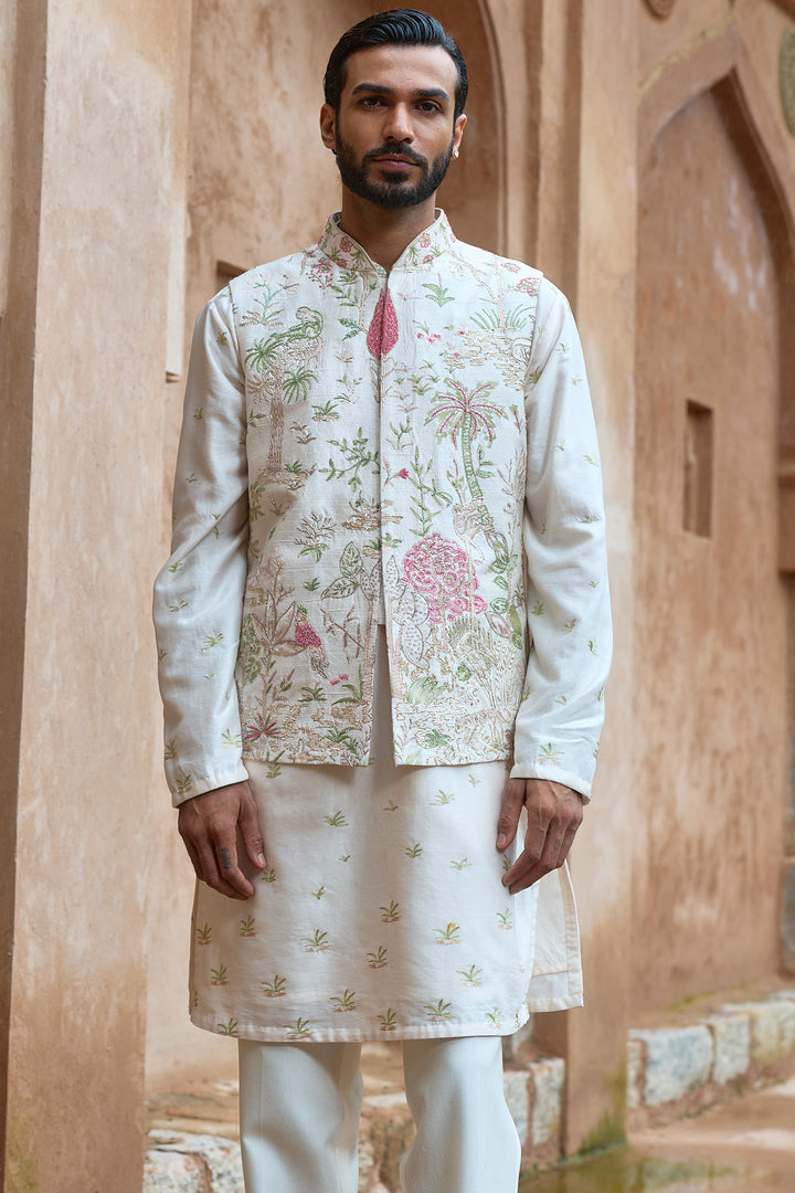 Blush Tropical Raw Silk Embroidered Bundi Kurta Set