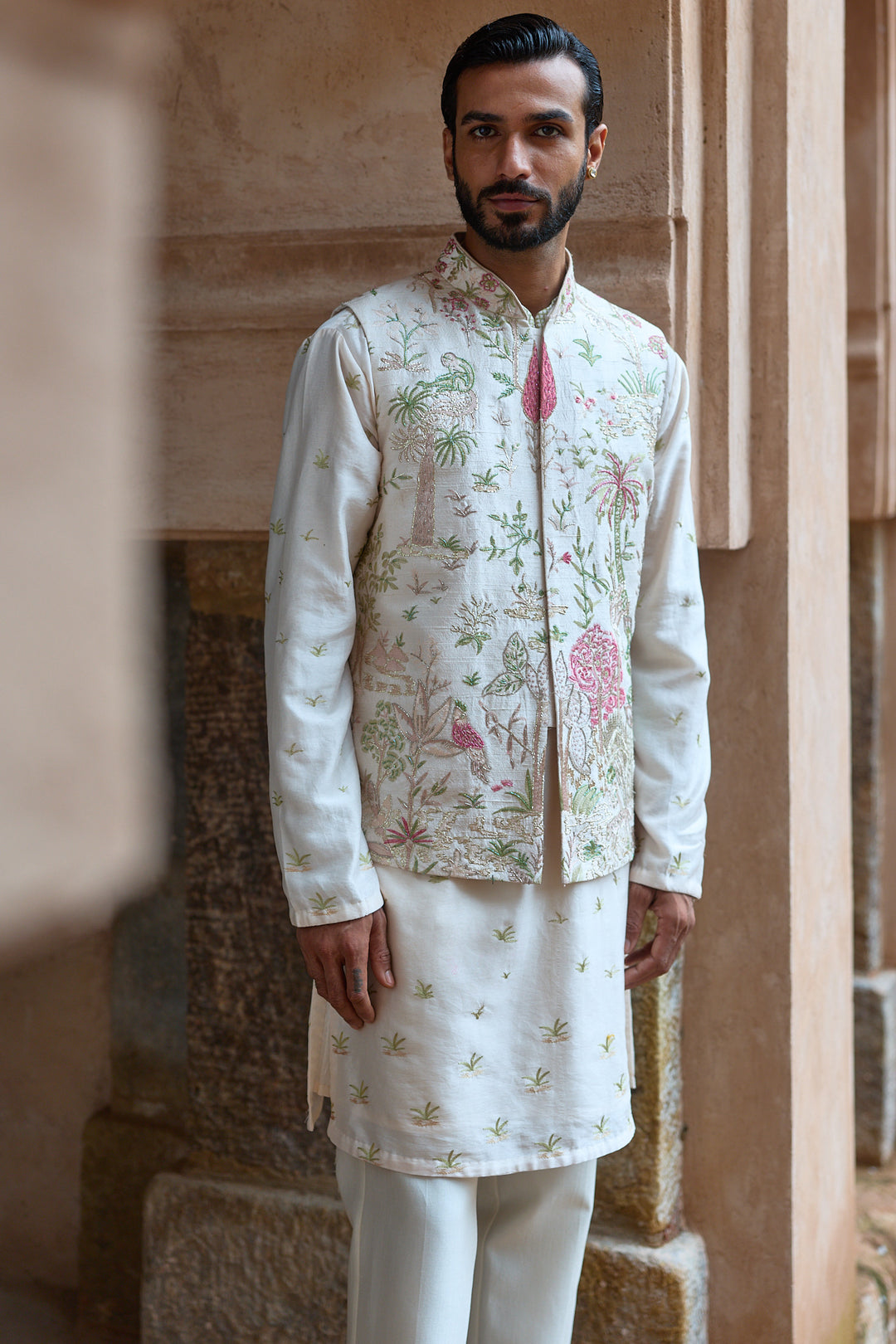 Blush Tropical Raw Silk Embroidered Bundi Kurta Set