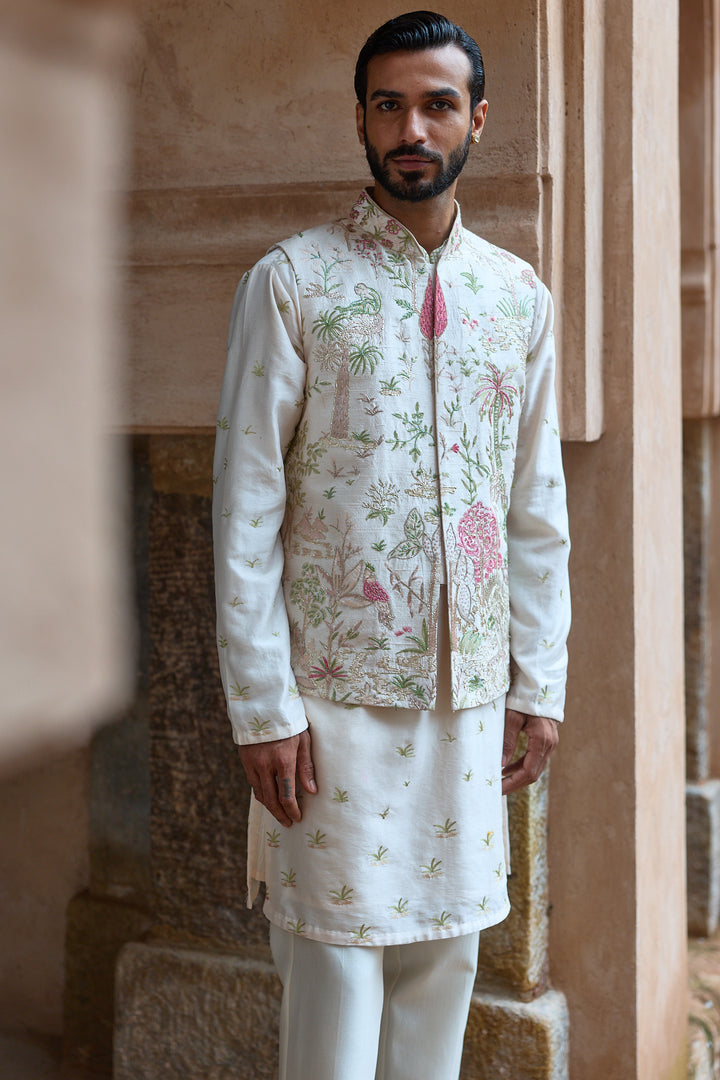 Blush Tropical Raw Silk Embroidered Bundi Kurta Set