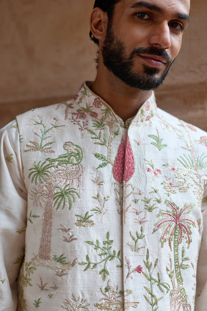 Blush Tropical Raw Silk Embroidered Bundi Kurta Set