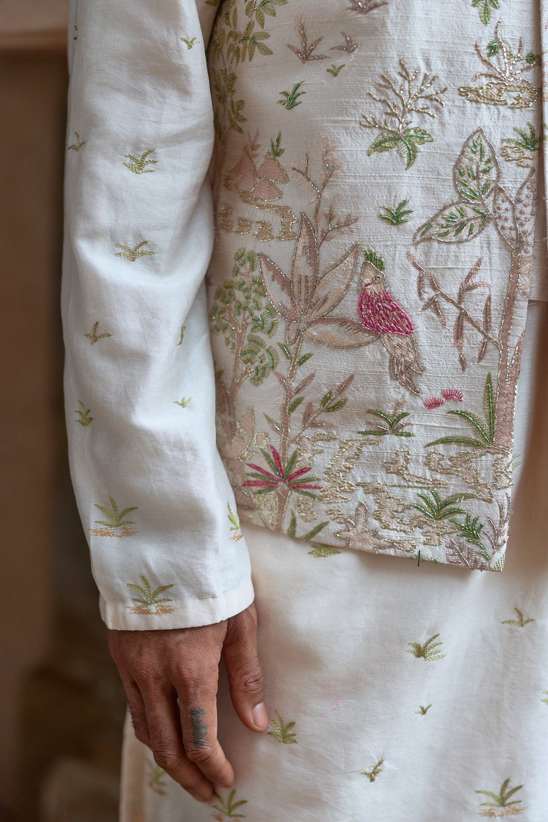 Blush Tropical Raw Silk Embroidered Bundi Kurta Set