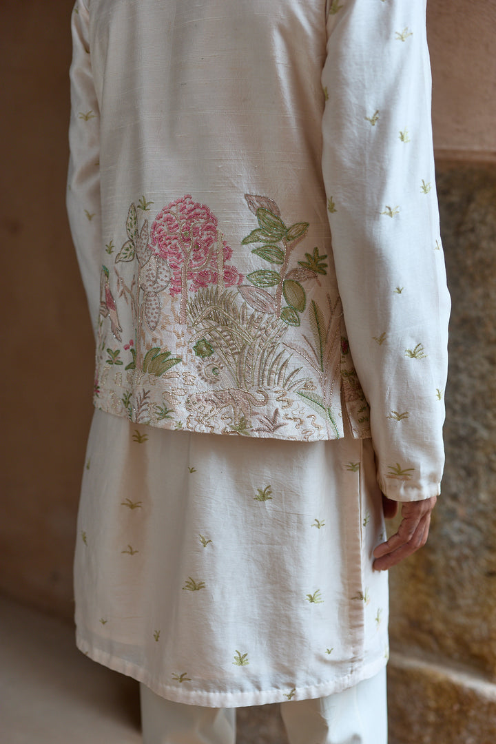 Blush Tropical Raw Silk Embroidered Bundi Kurta Set