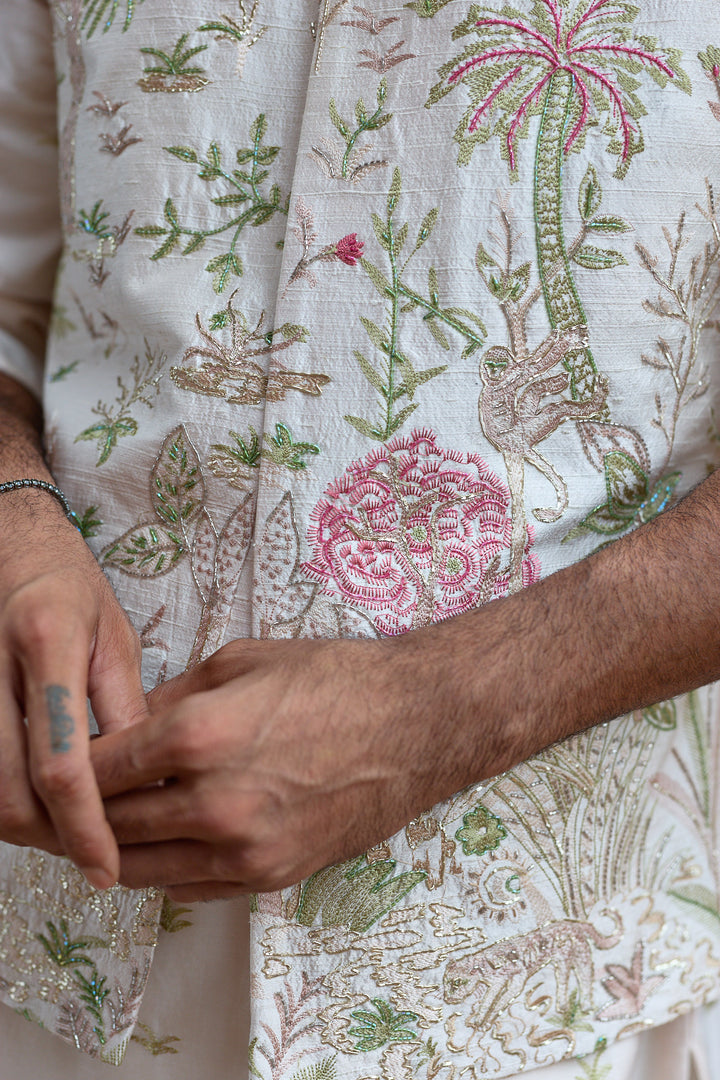 Blush Tropical Raw Silk Embroidered Bundi Kurta Set
