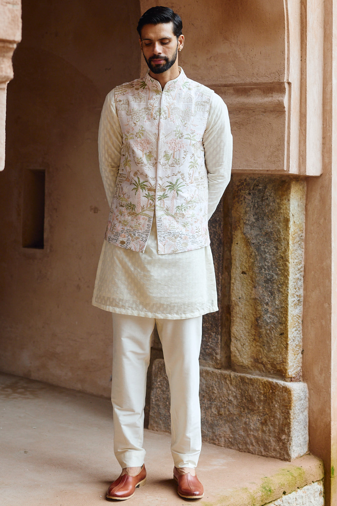 Ivory Tropical Raw Silk Embroidered Bundi Kurta Set