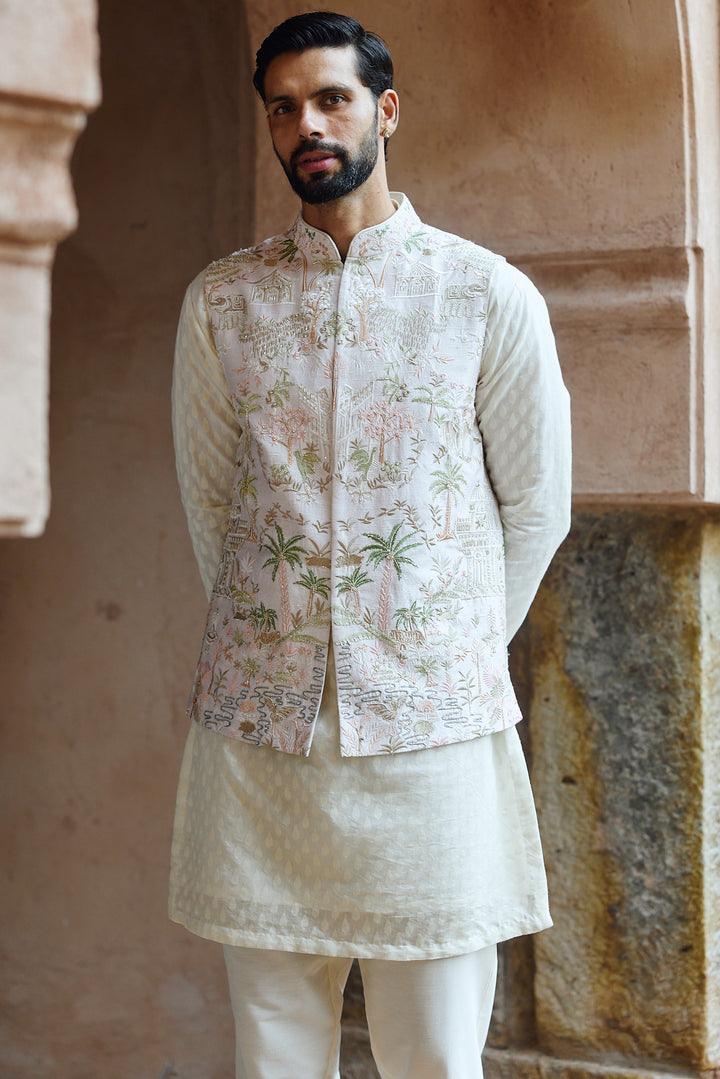 Ivory Tropical Raw Silk Embroidered Bundi Kurta Set