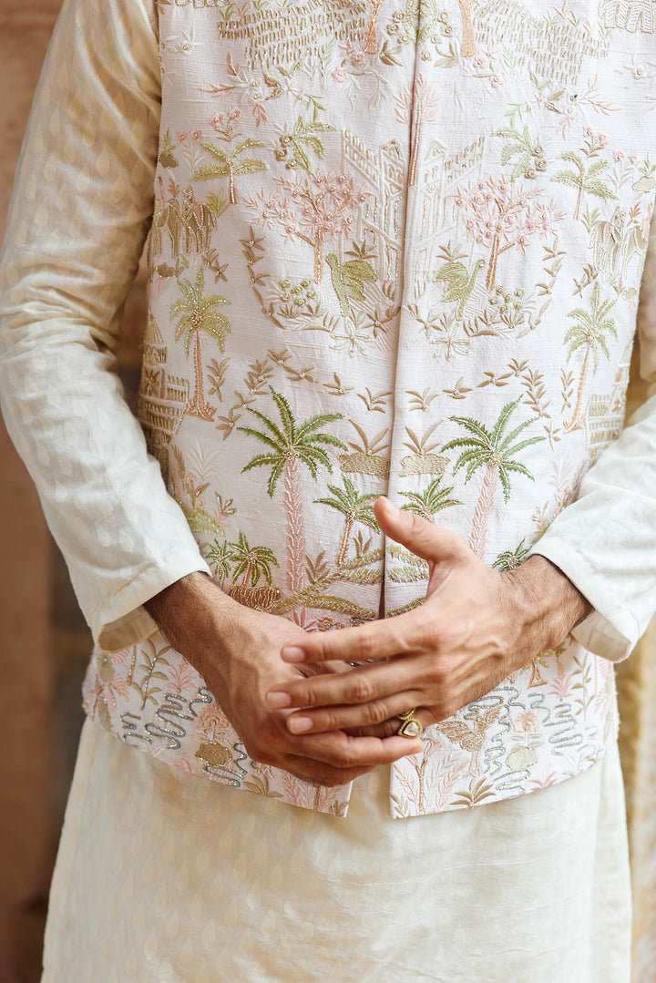 Ivory Tropical Raw Silk Embroidered Bundi Kurta Set