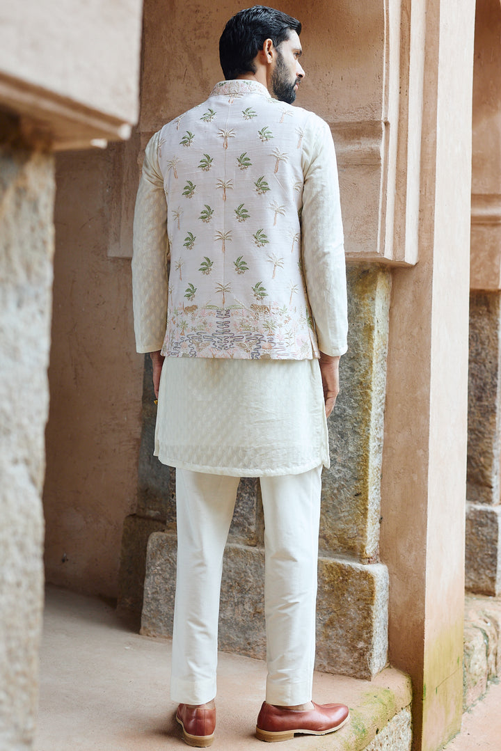Ivory Tropical Raw Silk Embroidered Bundi Kurta Set