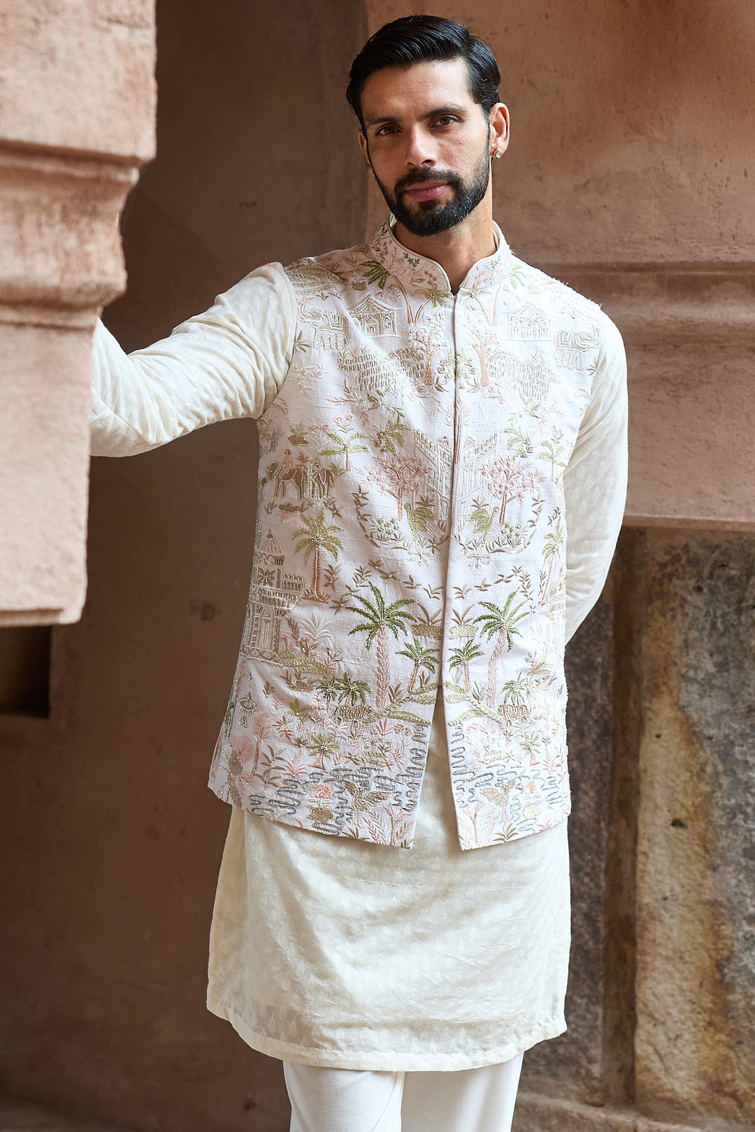 Ivory Tropical Raw Silk Embroidered Bundi Kurta Set