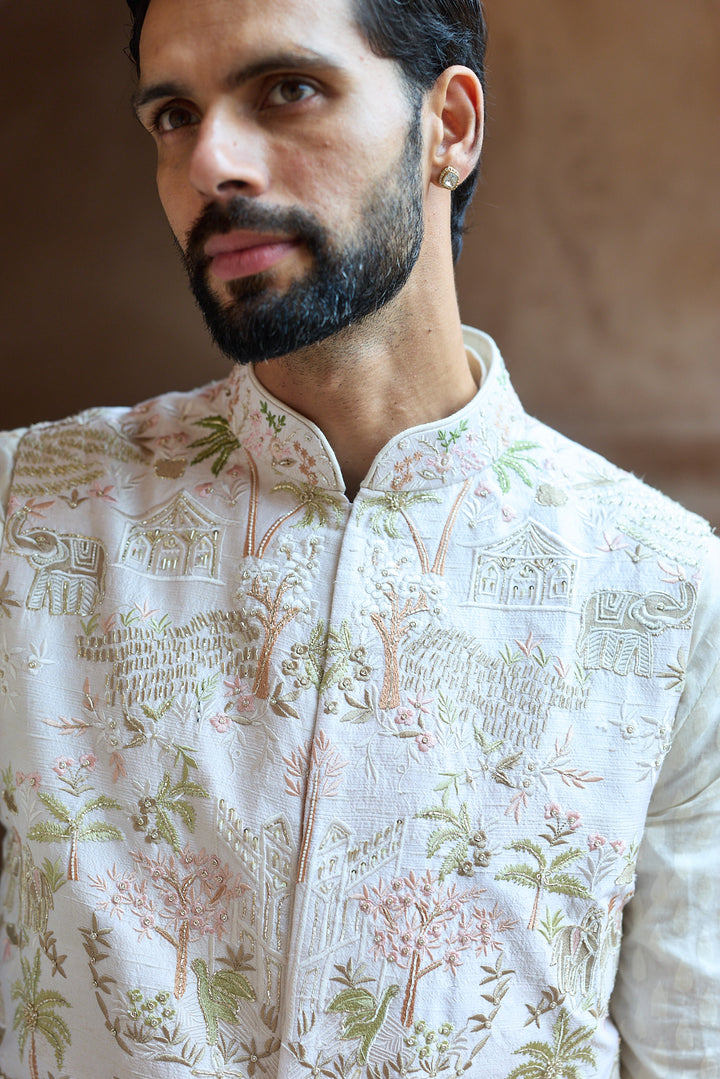 Ivory Tropical Raw Silk Embroidered Bundi Kurta Set