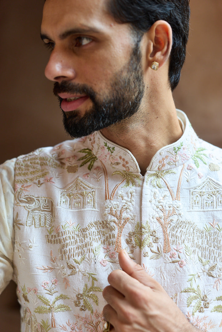Ivory Tropical Raw Silk Embroidered Bundi Kurta Set