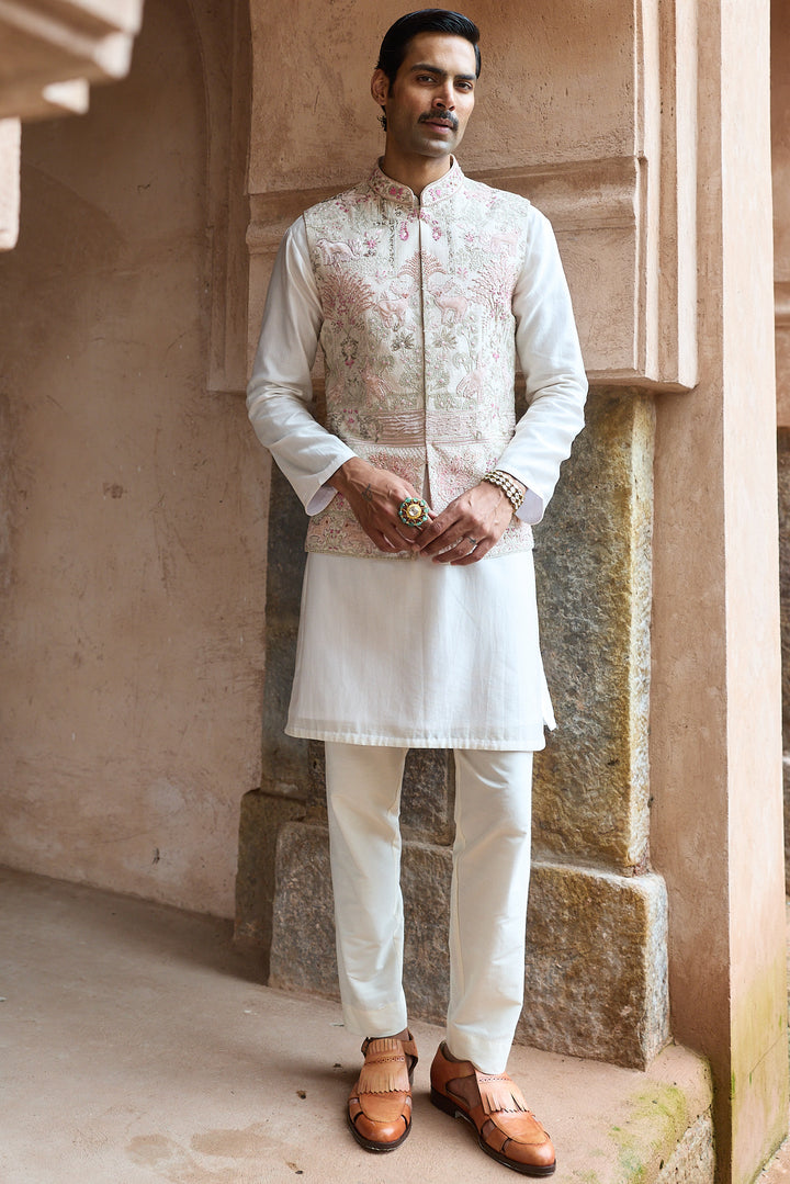 Ivory Pink Raw Silk Embroidered Bundi Kurta Set