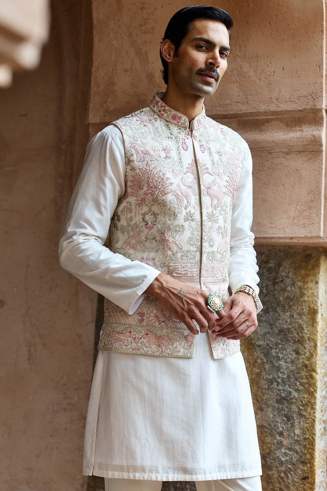 Ivory Pink Raw Silk Embroidered Bundi Kurta Set