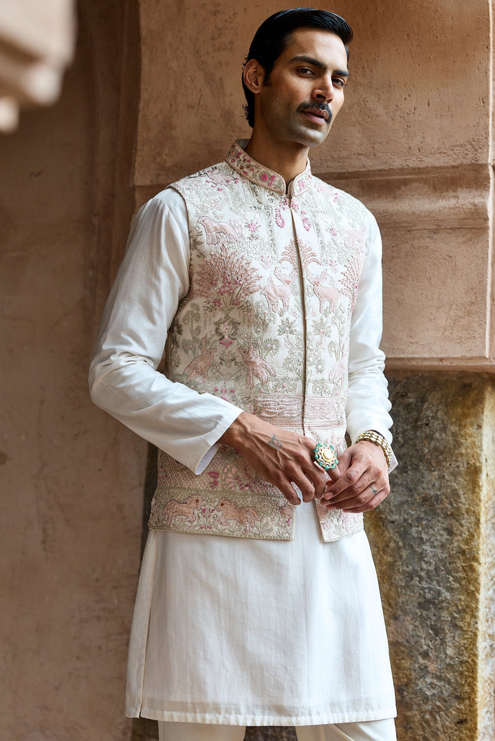 Ivory Pink Raw Silk Embroidered Bundi Kurta Set