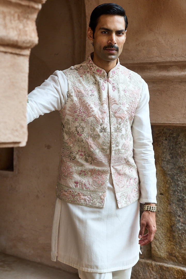 Ivory Pink Raw Silk Embroidered Bundi Kurta Set