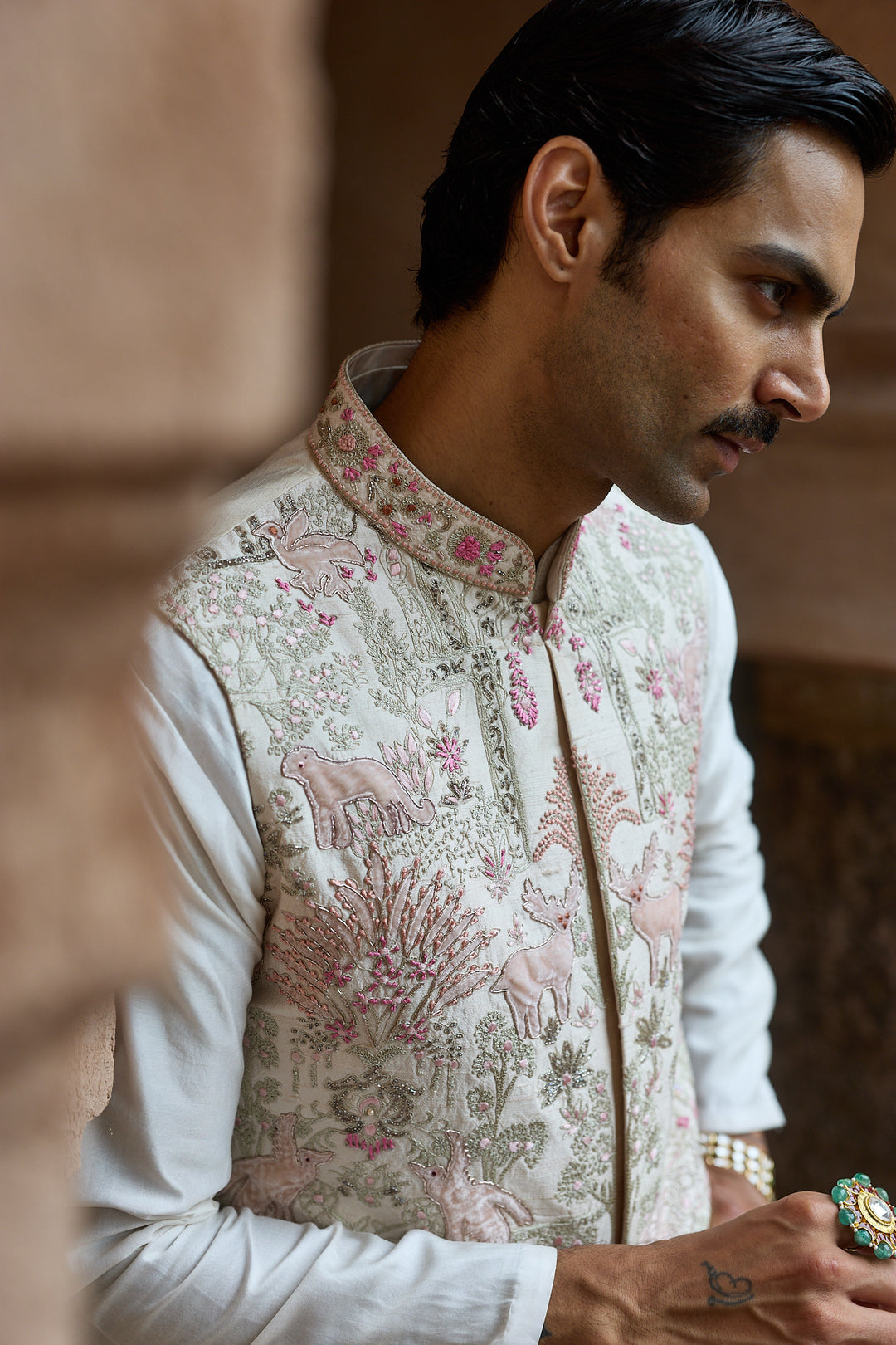 Ivory Pink Raw Silk Embroidered Bundi Kurta Set