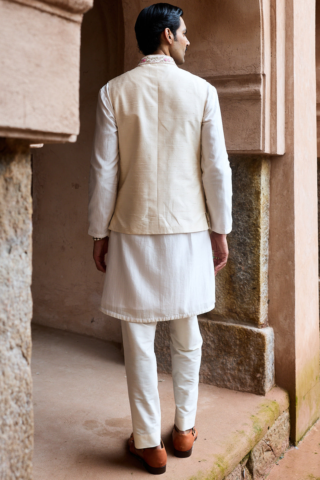 Ivory Pink Raw Silk Embroidered Bundi Kurta Set