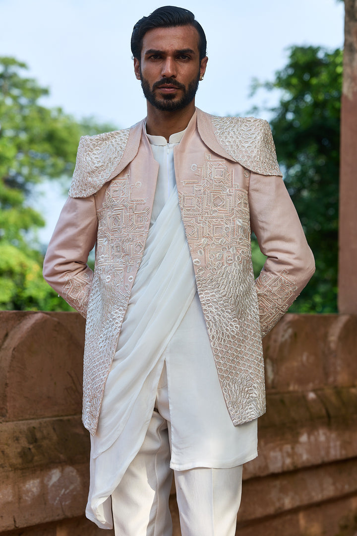 Pastel Pink Embroidered Bandhgala with Drape Kurta