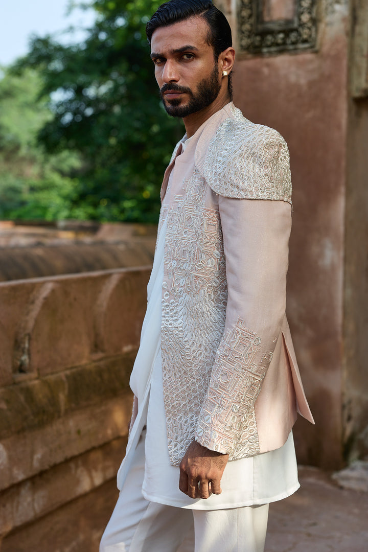 Pastel Pink Embroidered Bandhgala with Drape Kurta