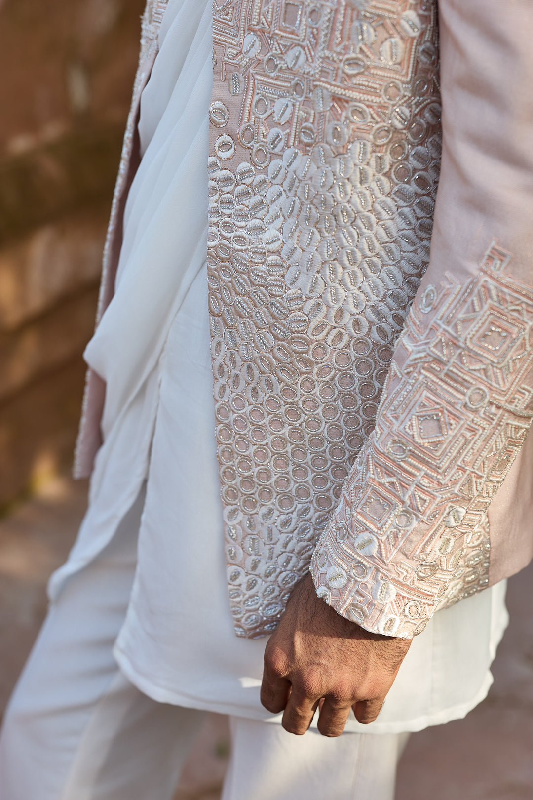 Pastel Pink Embroidered Bandhgala with Drape Kurta