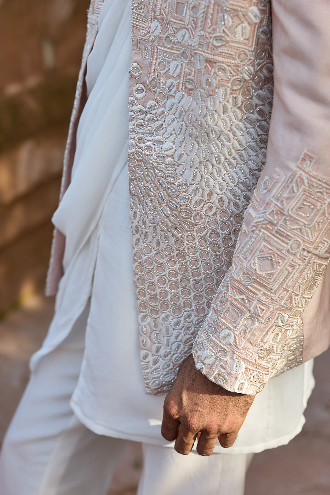 Pastel Pink Embroidered Bandhgala with Drape Kurta
