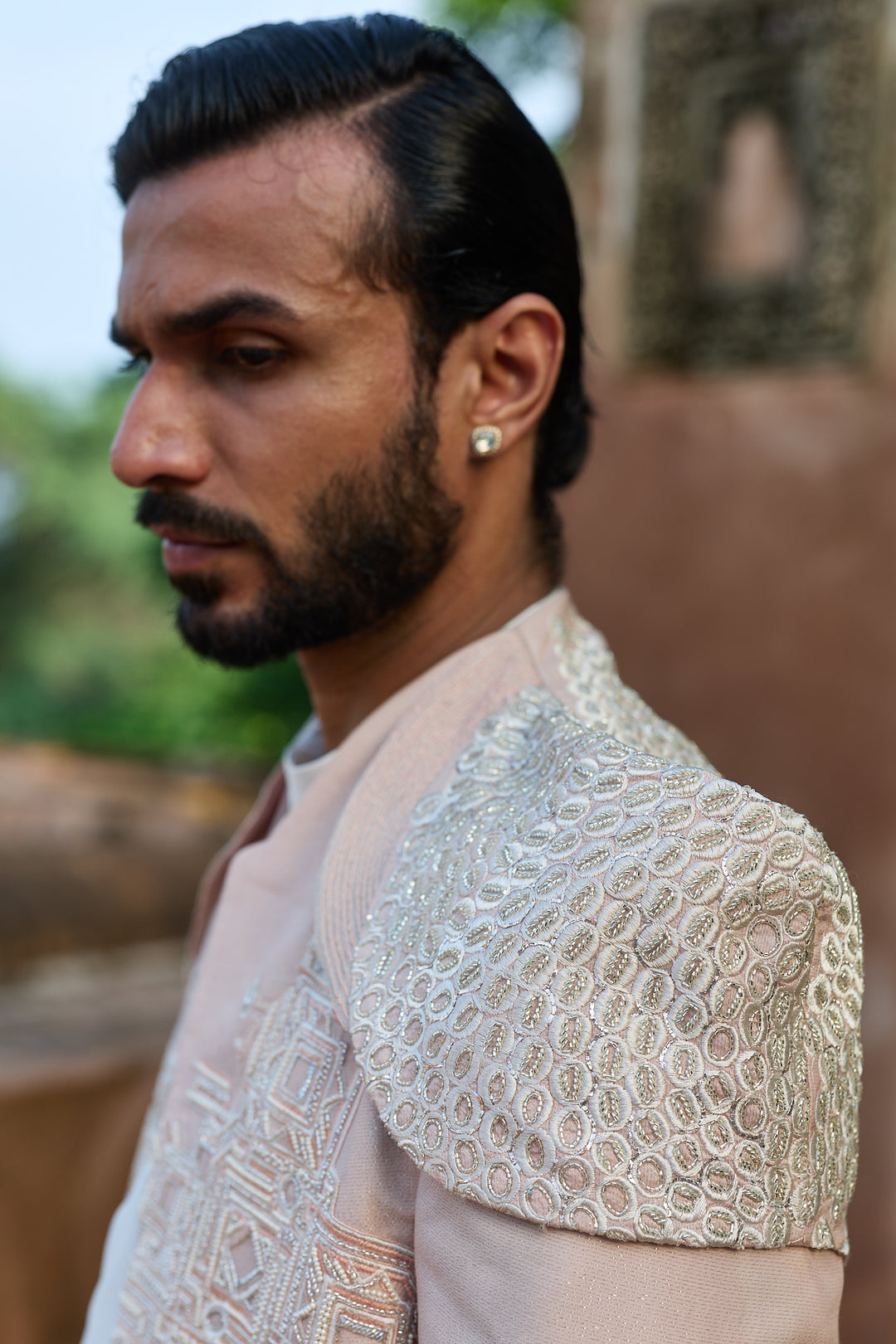 Pastel Pink Embroidered Bandhgala with Drape Kurta