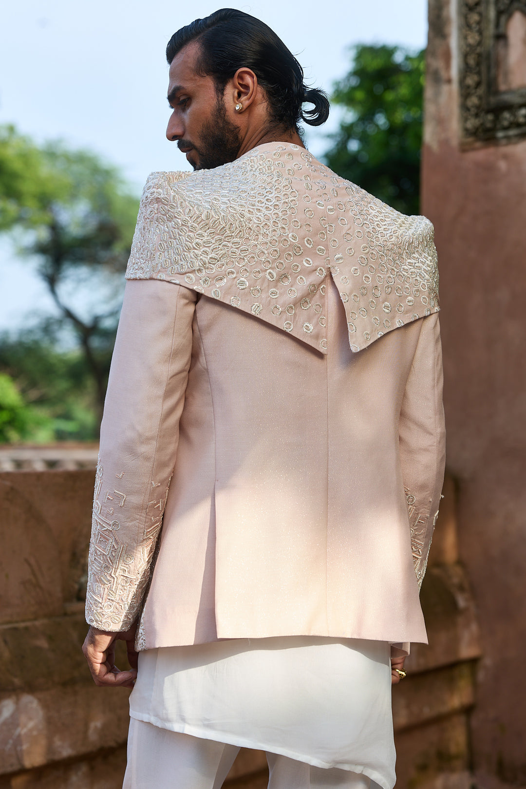 Pastel Pink Embroidered Bandhgala with Drape Kurta