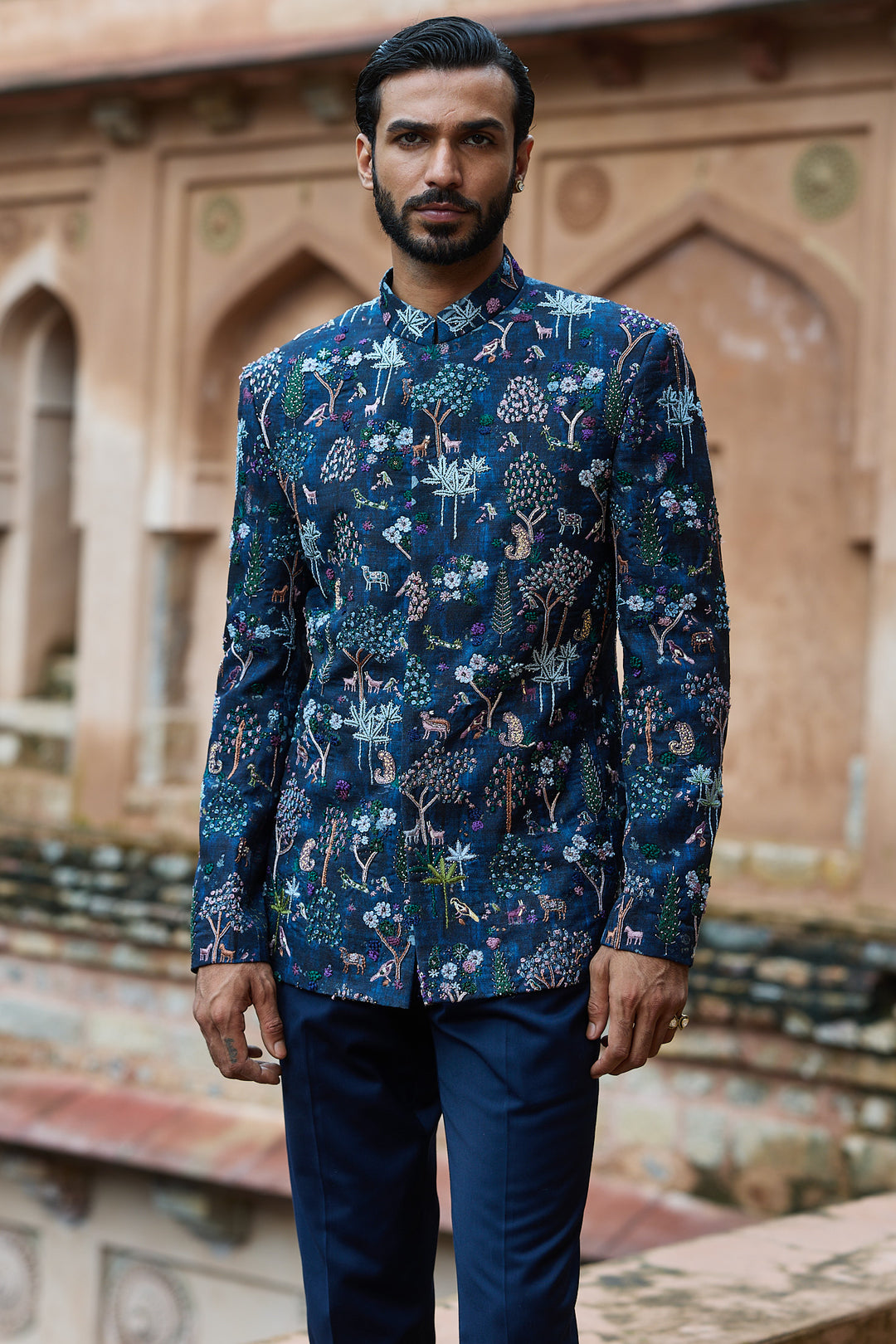 Forest Printed Silk Embroidered Bandhgala Set