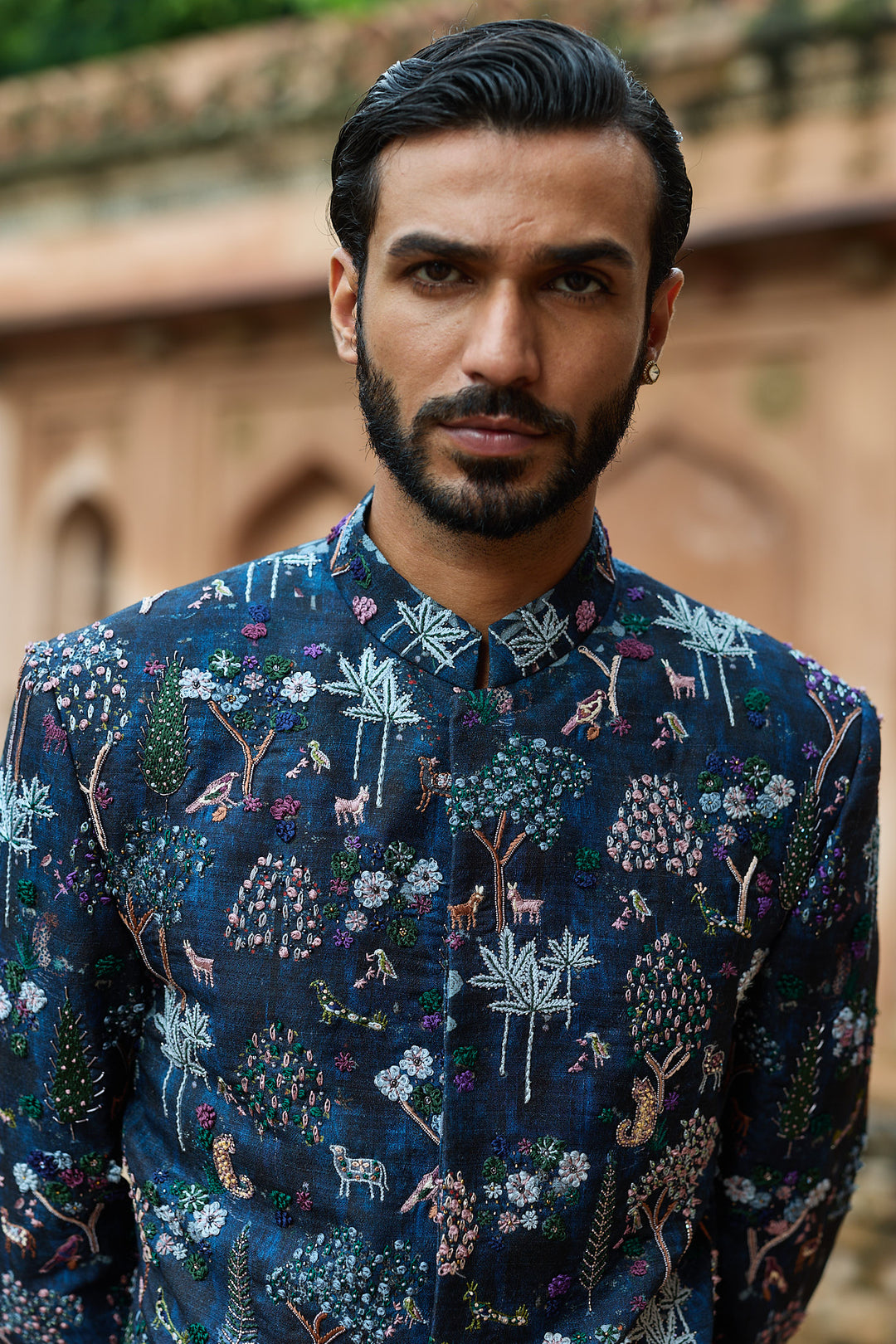 Forest Printed Silk Embroidered Bandhgala Set