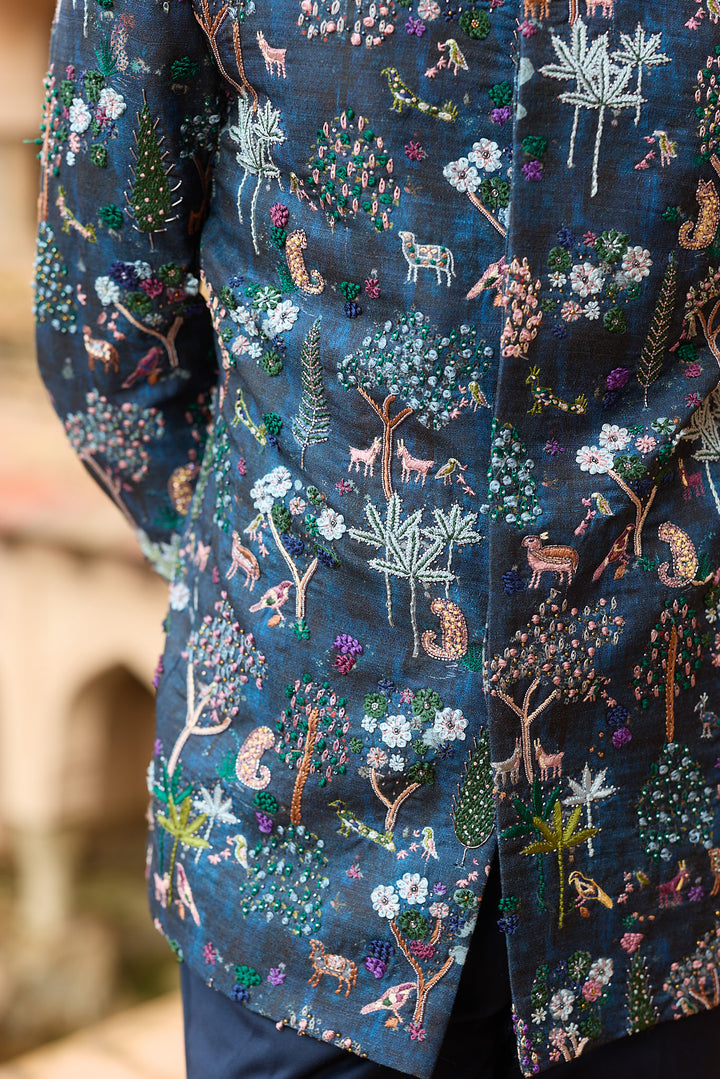 Forest Printed Silk Embroidered Bandhgala Set