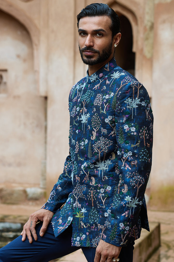 Forest Printed Silk Embroidered Bandhgala Set